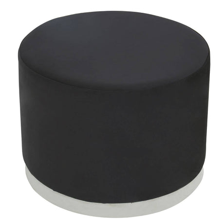 Round stool featuring a sleek black fabric top and a shiny silver base, designed for modern home decor