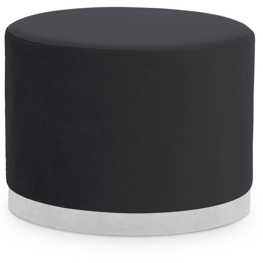Round stool featuring a sleek black fabric top and a contrasting silver base, designed for modern home decor