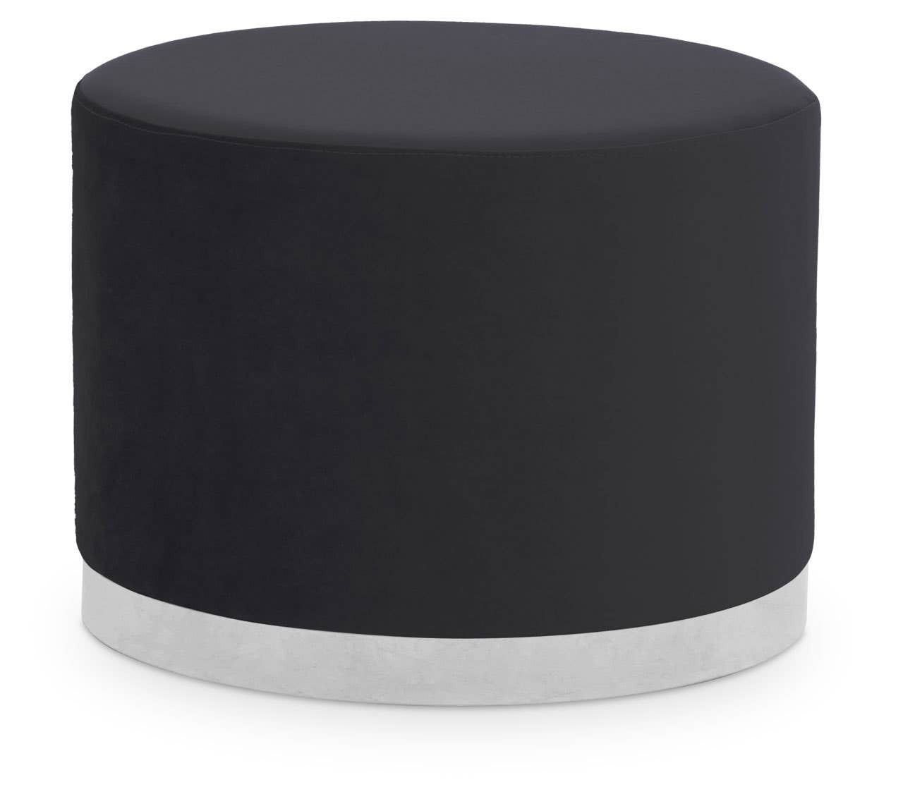 Round stool featuring a sleek black fabric top and a contrasting silver base, designed for modern home decor