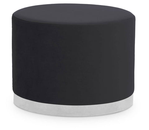 Round stool featuring a sleek black fabric top and a contrasting silver base, designed for modern home decor