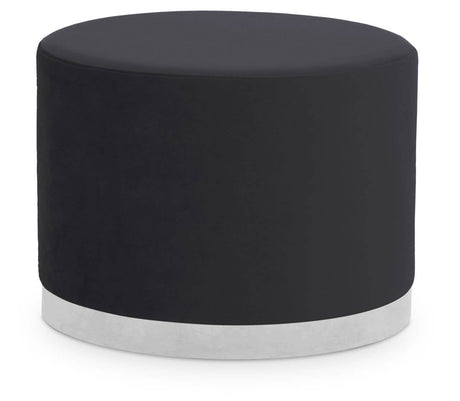 Round stool featuring a sleek black fabric top and a contrasting silver base, designed for modern home decor