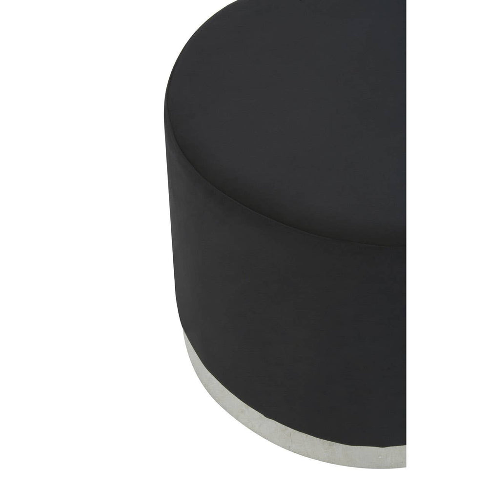 Round stool featuring a sleek black fabric top and a silver metallic base, showcasing a modern and minimalist design. The stool has a smooth surface and a simple cylindrical shape, making it a versatile addition to home decor