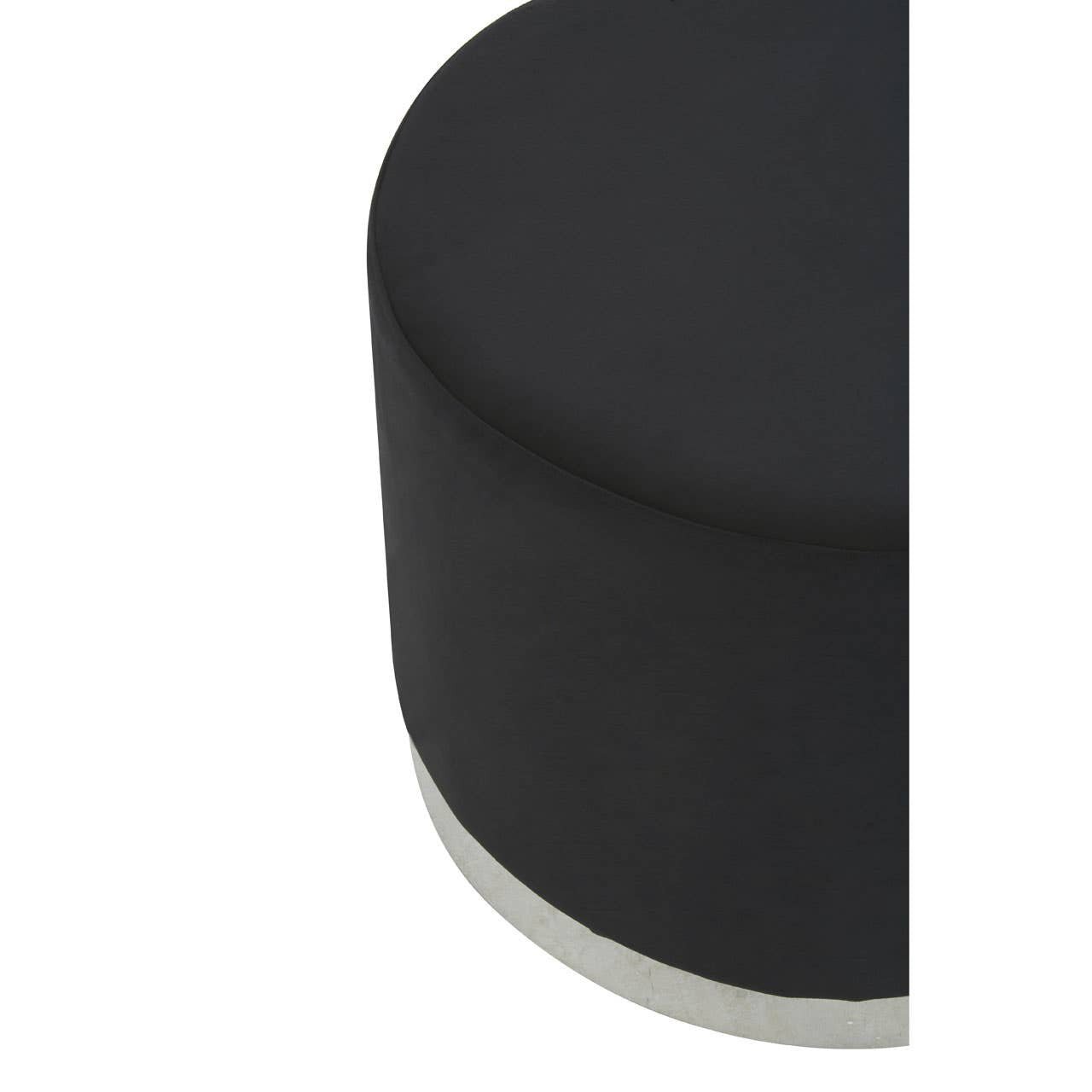 Round stool featuring a sleek black fabric top and a silver metallic base, showcasing a modern and minimalist design. The stool has a smooth surface and a simple cylindrical shape, making it a versatile addition to home decor