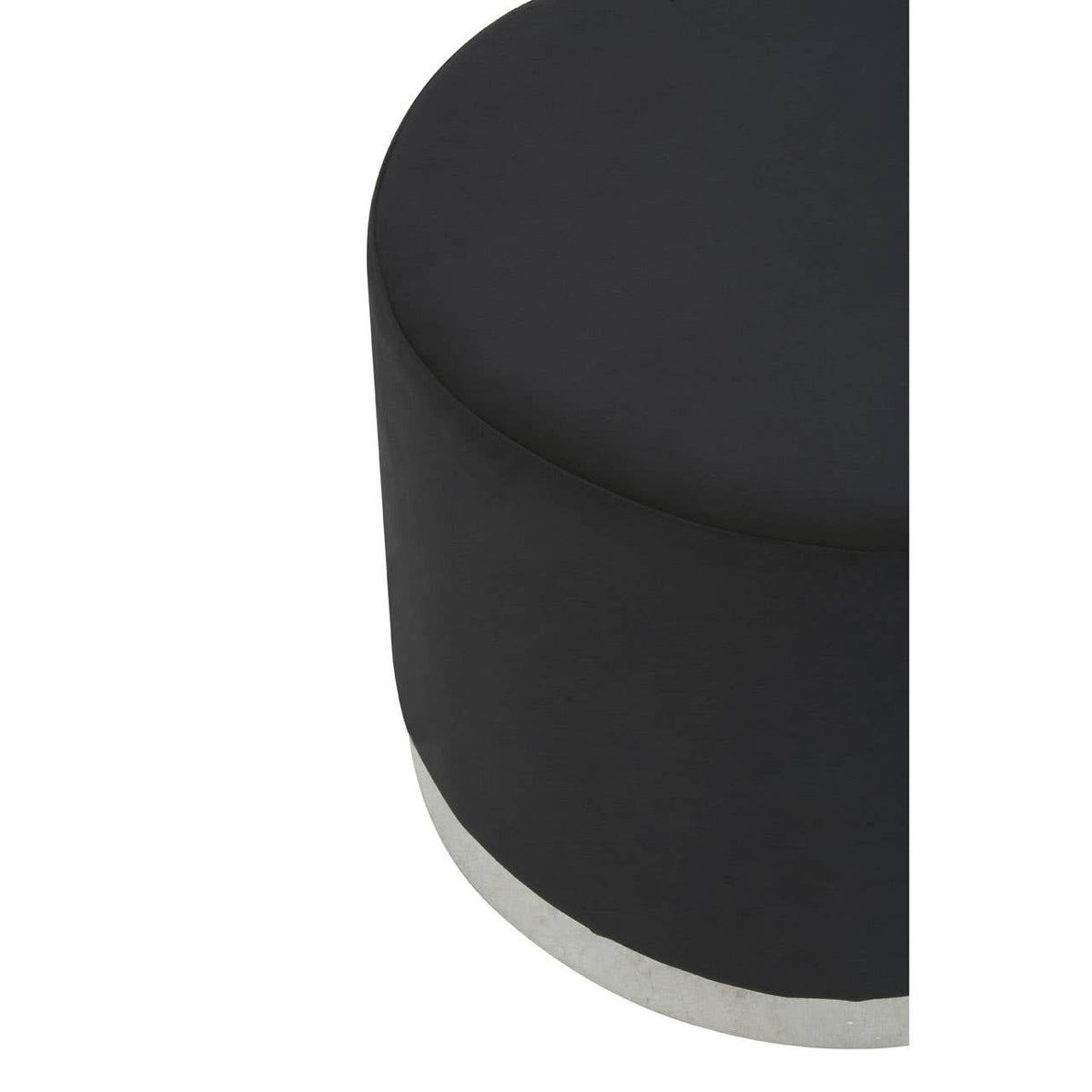 Round stool featuring a sleek black fabric top and a silver metallic base, showcasing a modern and minimalist design. The stool has a smooth surface and a simple cylindrical shape, making it a versatile addition to home decor