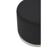 Round stool featuring a sleek black fabric top and a silver metallic base, showcasing a modern and minimalist design. The stool has a smooth surface and a simple cylindrical shape, making it a versatile addition to home decor