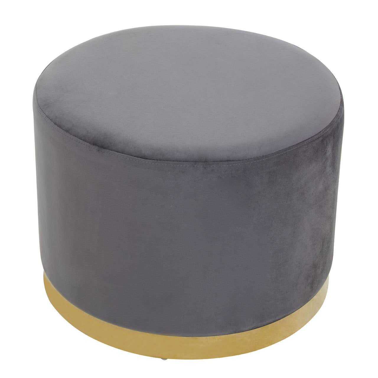 Round stool featuring a soft grey velvet upholstery and a gold metallic base, designed for stylish home decor