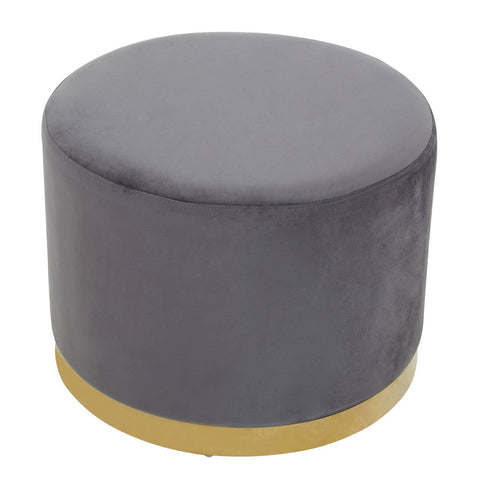 Round stool featuring a soft grey velvet upholstery and a gold metallic base, designed for stylish home decor