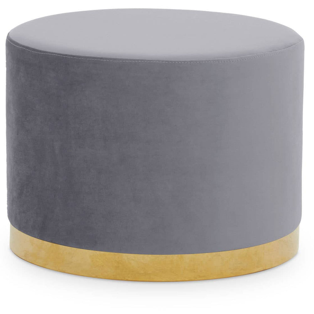 Round stool featuring a soft grey upholstered top and a sleek gold base, designed for modern home decor