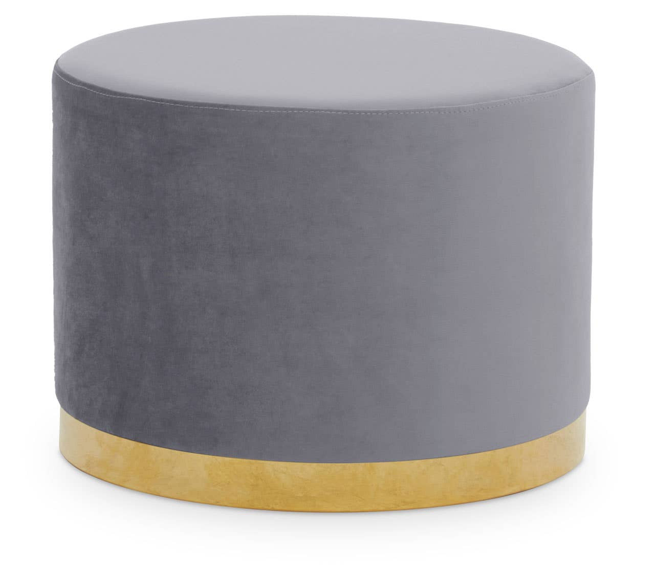 Round stool featuring a soft grey upholstered top and a sleek gold base, designed for modern home decor