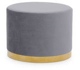 Round stool featuring a soft grey upholstered top and a sleek gold base, designed for modern home decor