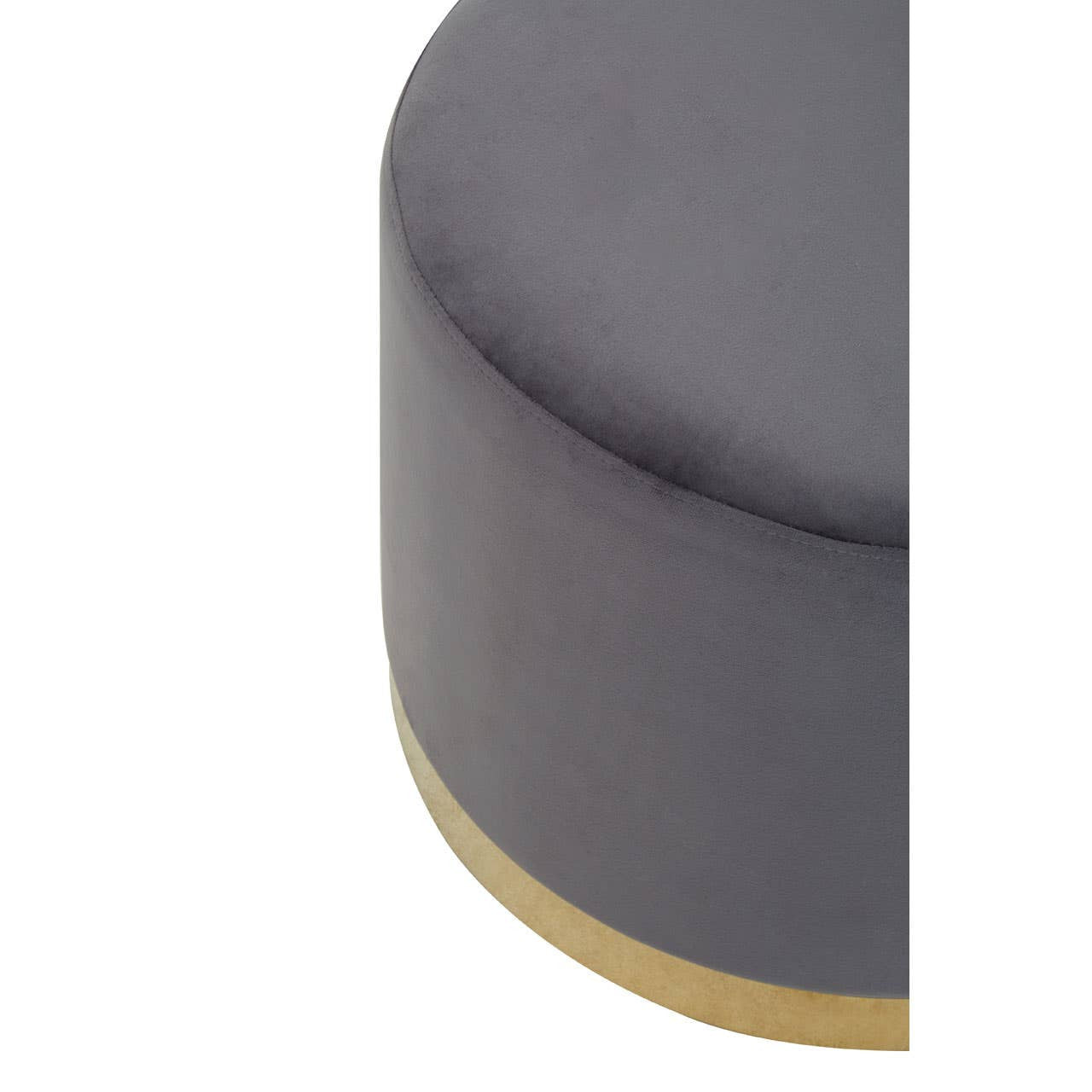 Round stool featuring a soft grey upholstery with a sleek gold base, showcasing a modern and elegant design suitable for home decor