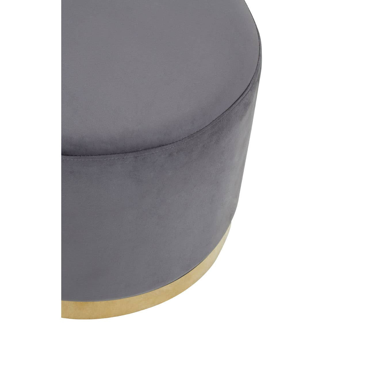 Round stool featuring a soft grey velvet upholstery and a sleek gold base, showcasing a modern and elegant design suitable for home decor