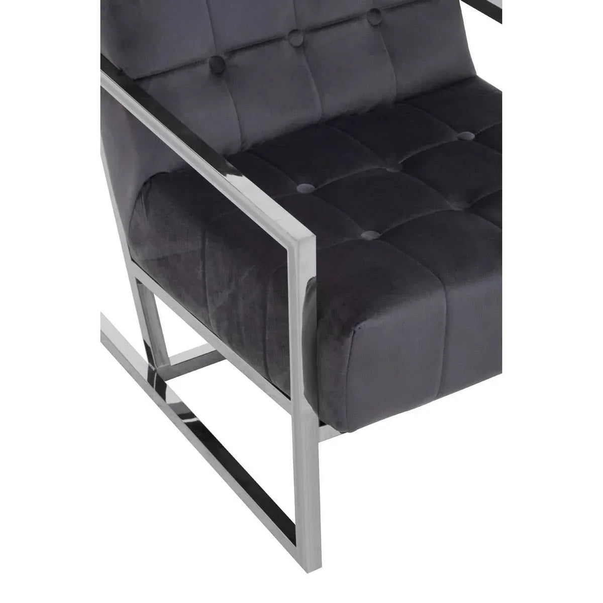 Close view of modern armchair with black velvet upholstery and chrome metal frame