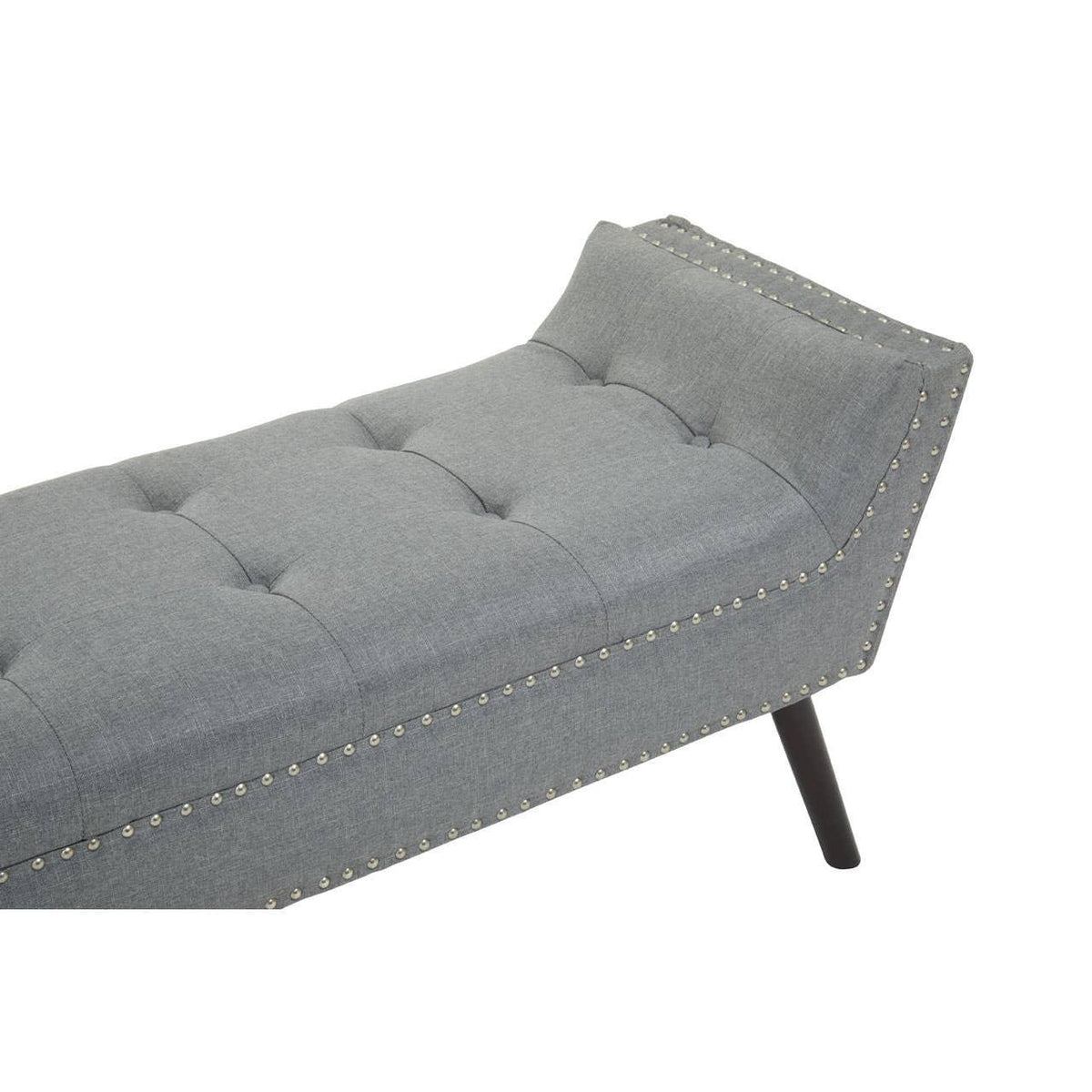 Grey upholstered bench with tufted seat, nailhead trim and angled wooden legs