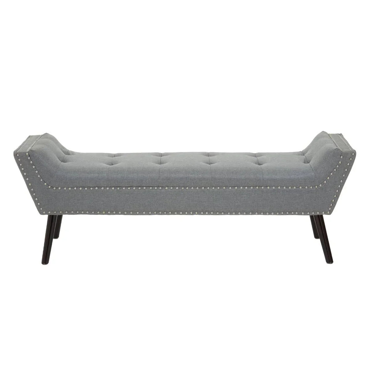 Grey upholstered bench seat with tufted top, silver stud trim and dark wooden legs