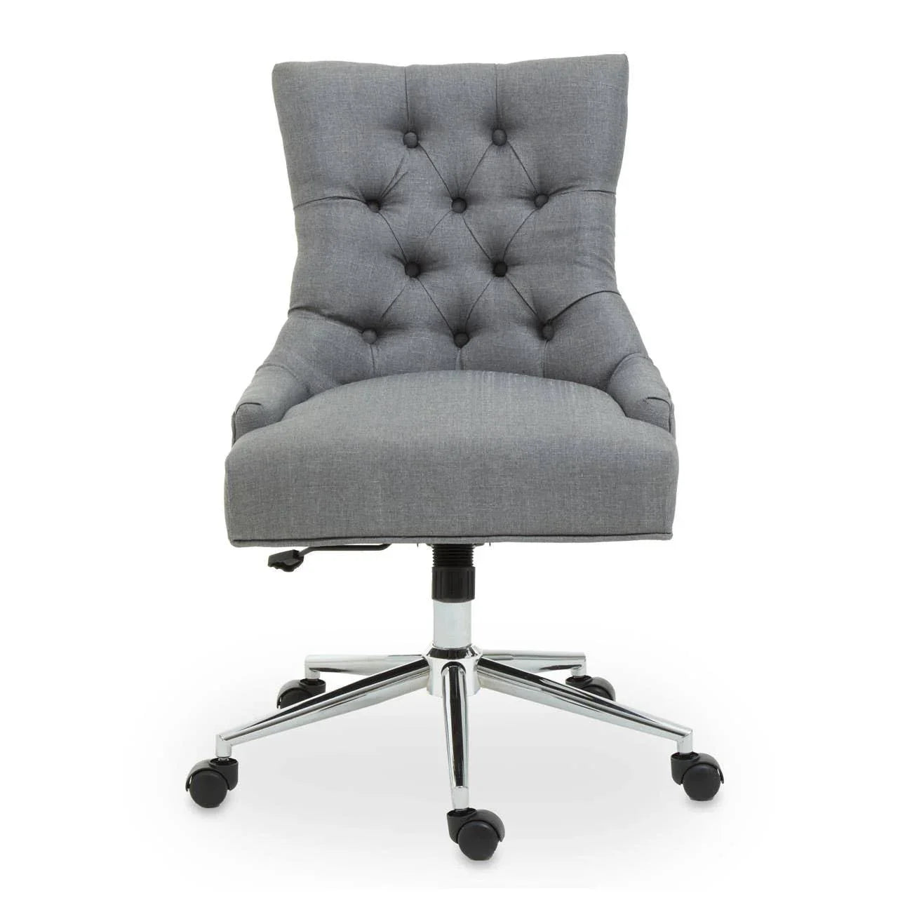 Grey fabric office chair with tufted backrest and chrome base on castor wheels