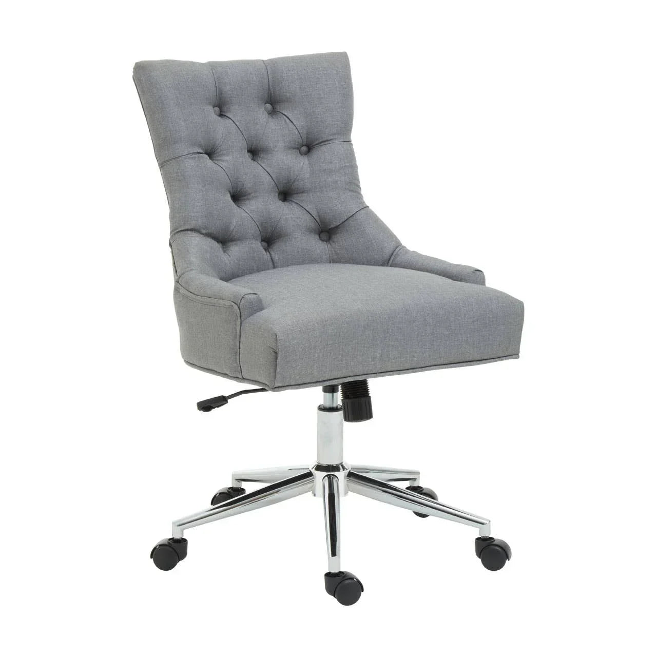 Grey fabric office chair with tufted backrest and chrome swivel base