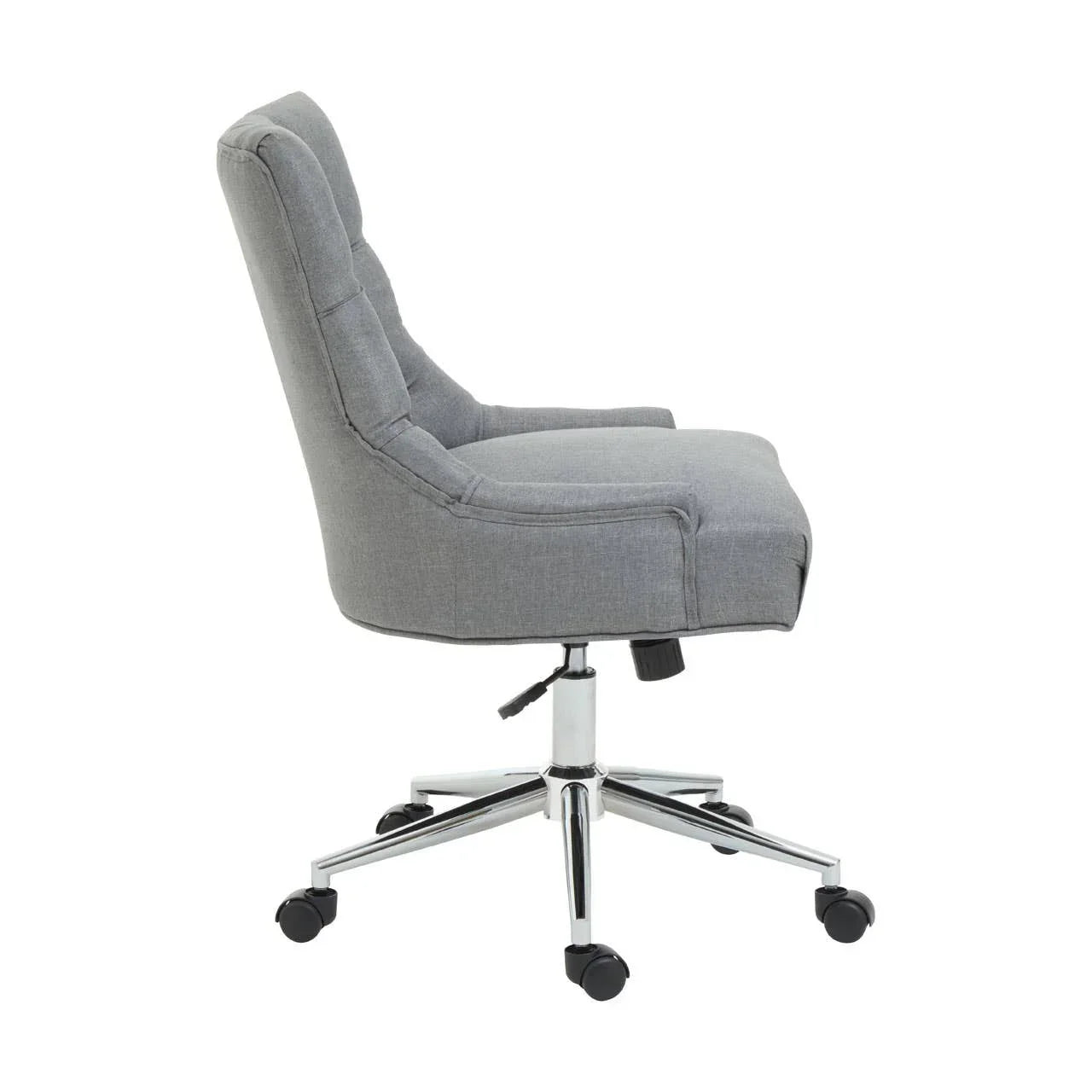 Grey fabric office chair with chrome swivel base and adjustable height, side profile view