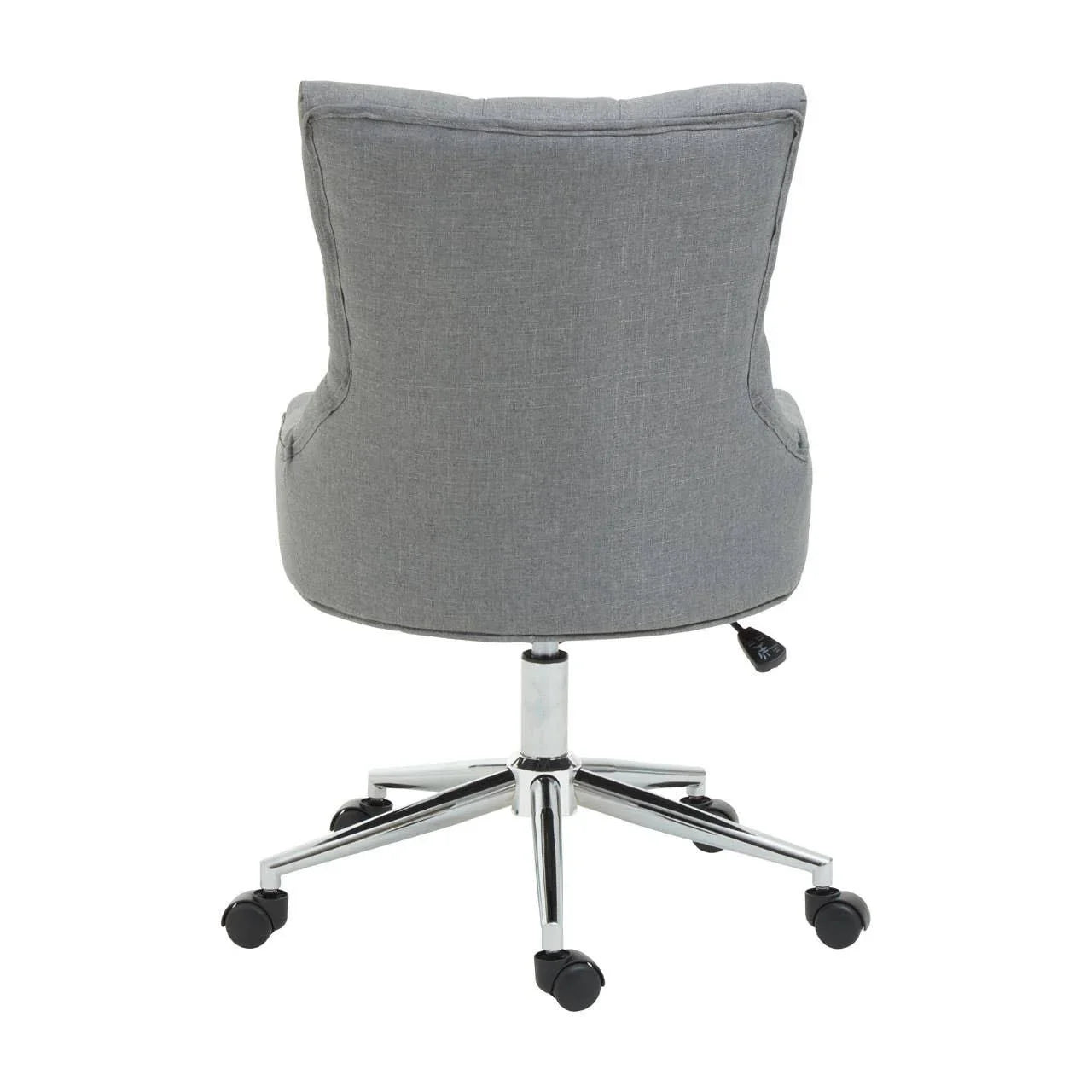 Grey fabric office chair with chrome base and castor wheels, rear view