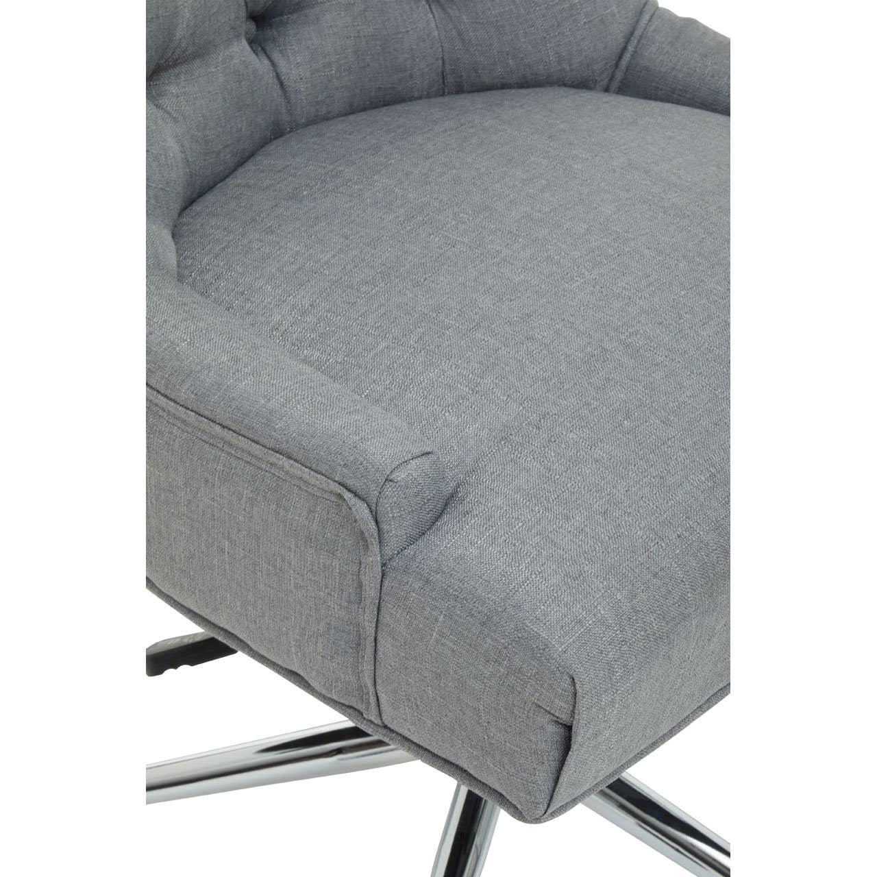 Close-up of grey fabric swivel chair seat with chrome legs