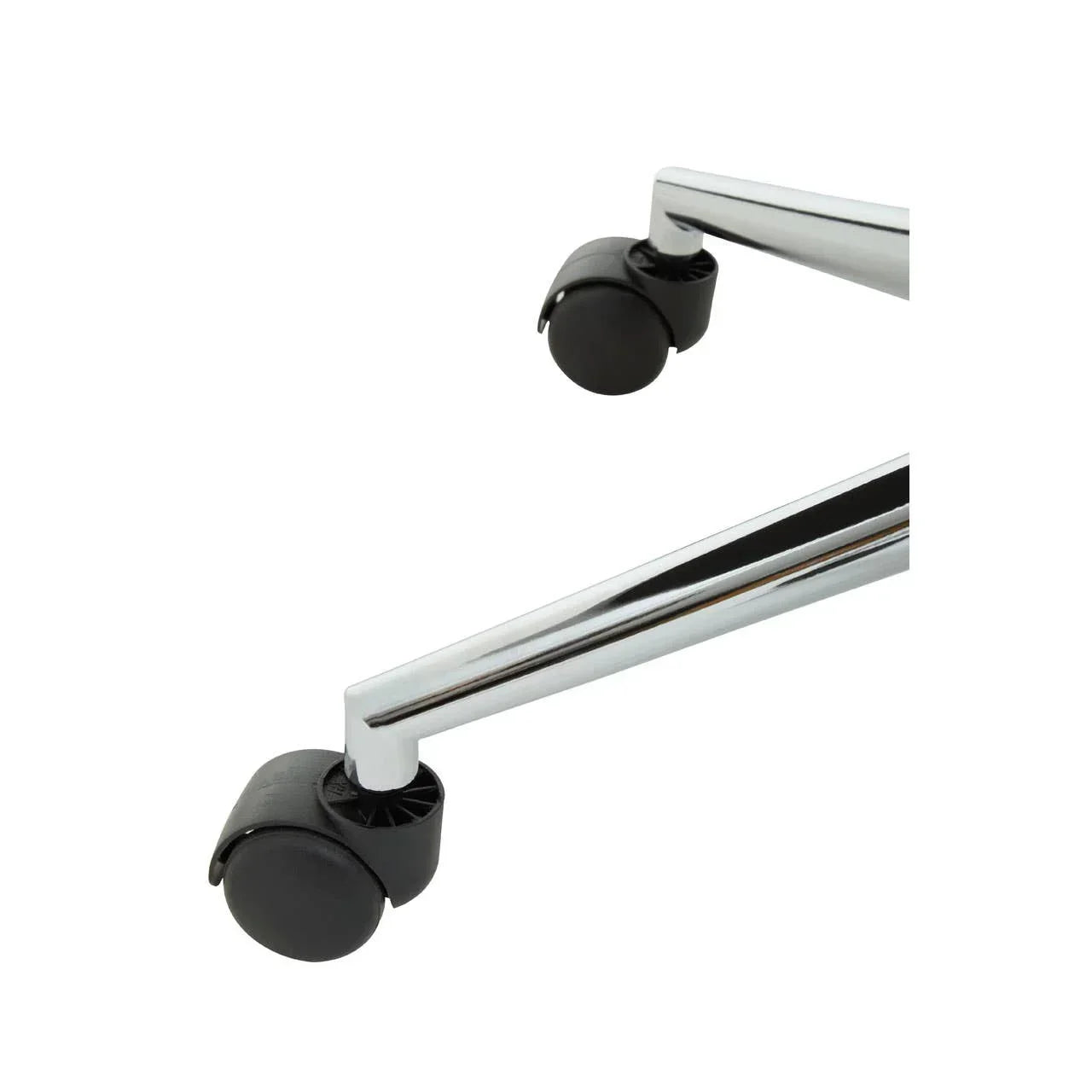 Close-up of chrome office chair leg with black caster wheels