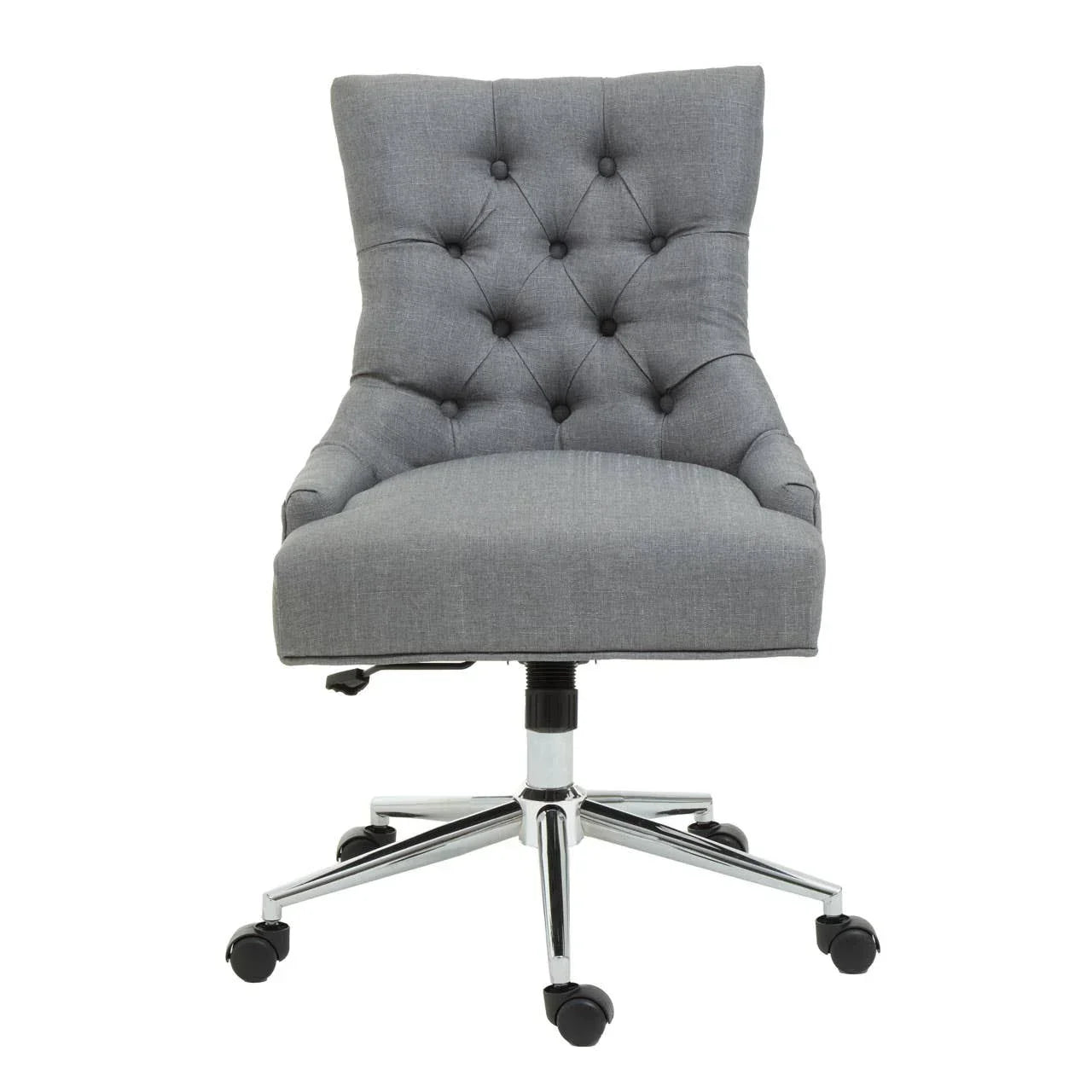 Grey fabric office chair with button-tufted backrest and chrome base on casters, front view