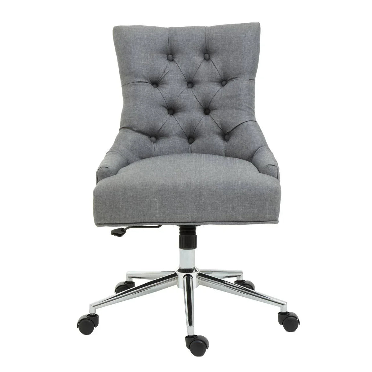 Grey fabric office chair with button-tufted backrest and chrome base on casters, front view