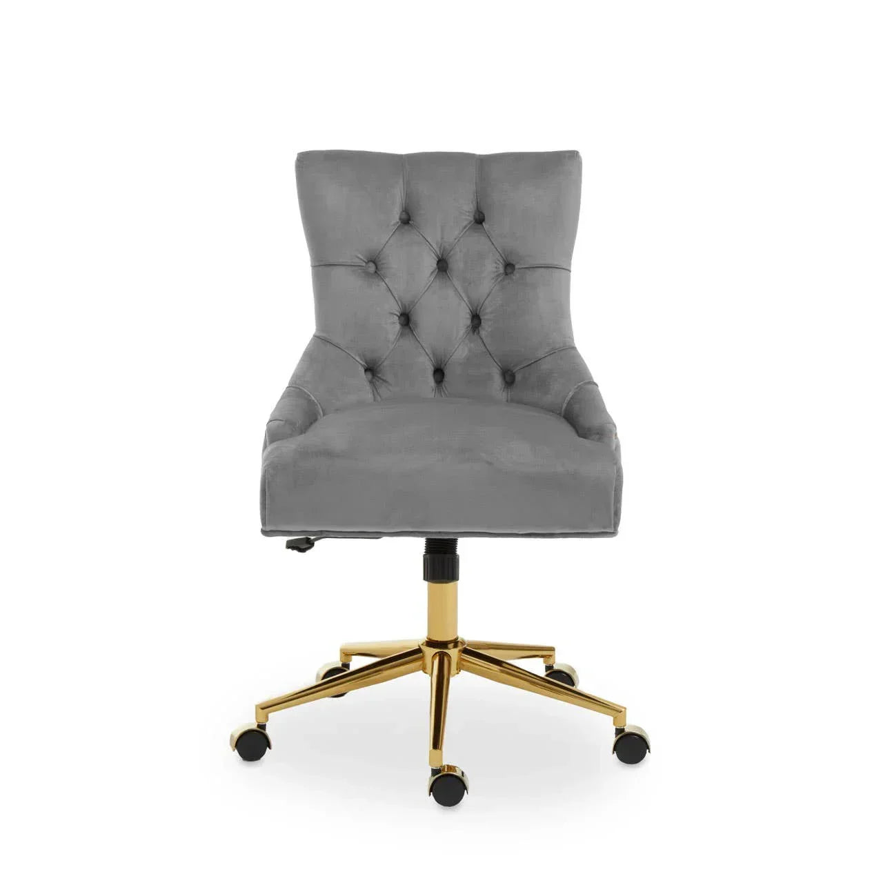 Grey velvet office chair with tufted backrest and gold swivel base, front view