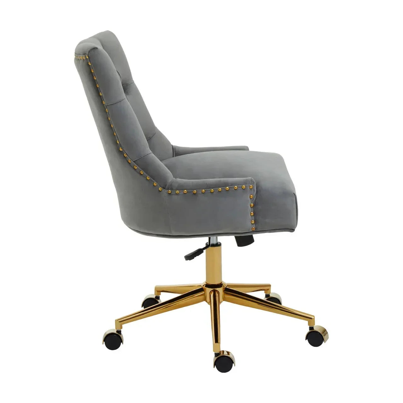 Grey velvet office chair with gold metal base and studded trim, side profile view