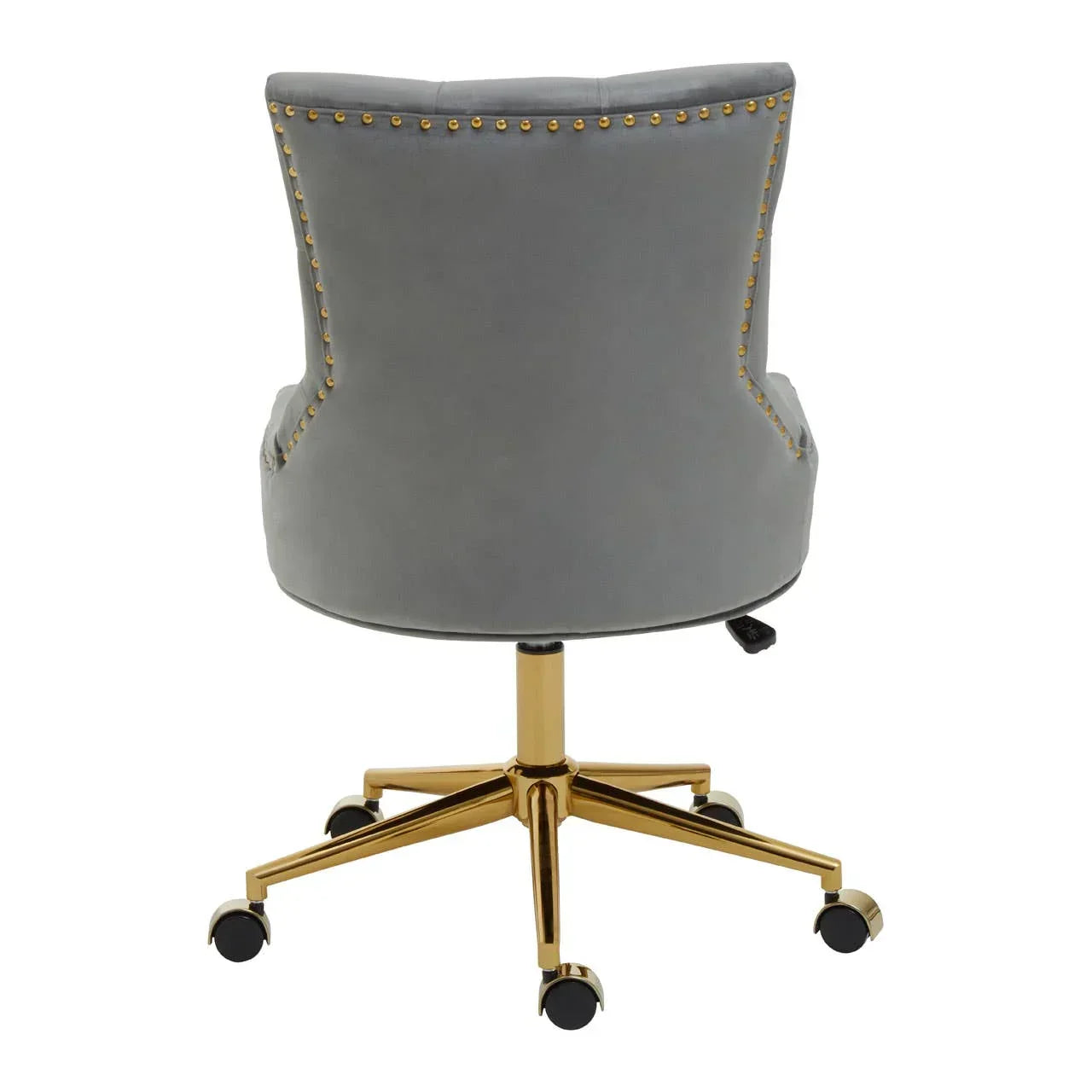 Grey velvet office chair with gold metal base and nailhead trim, rear view