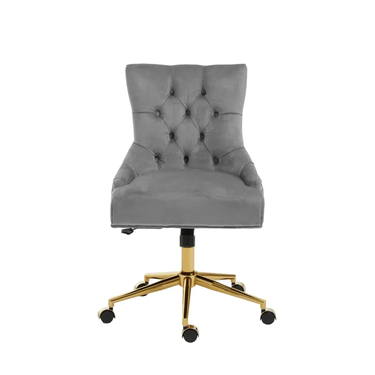 Grey velvet office chair with tufted backrest and gold metal swivel base on castors