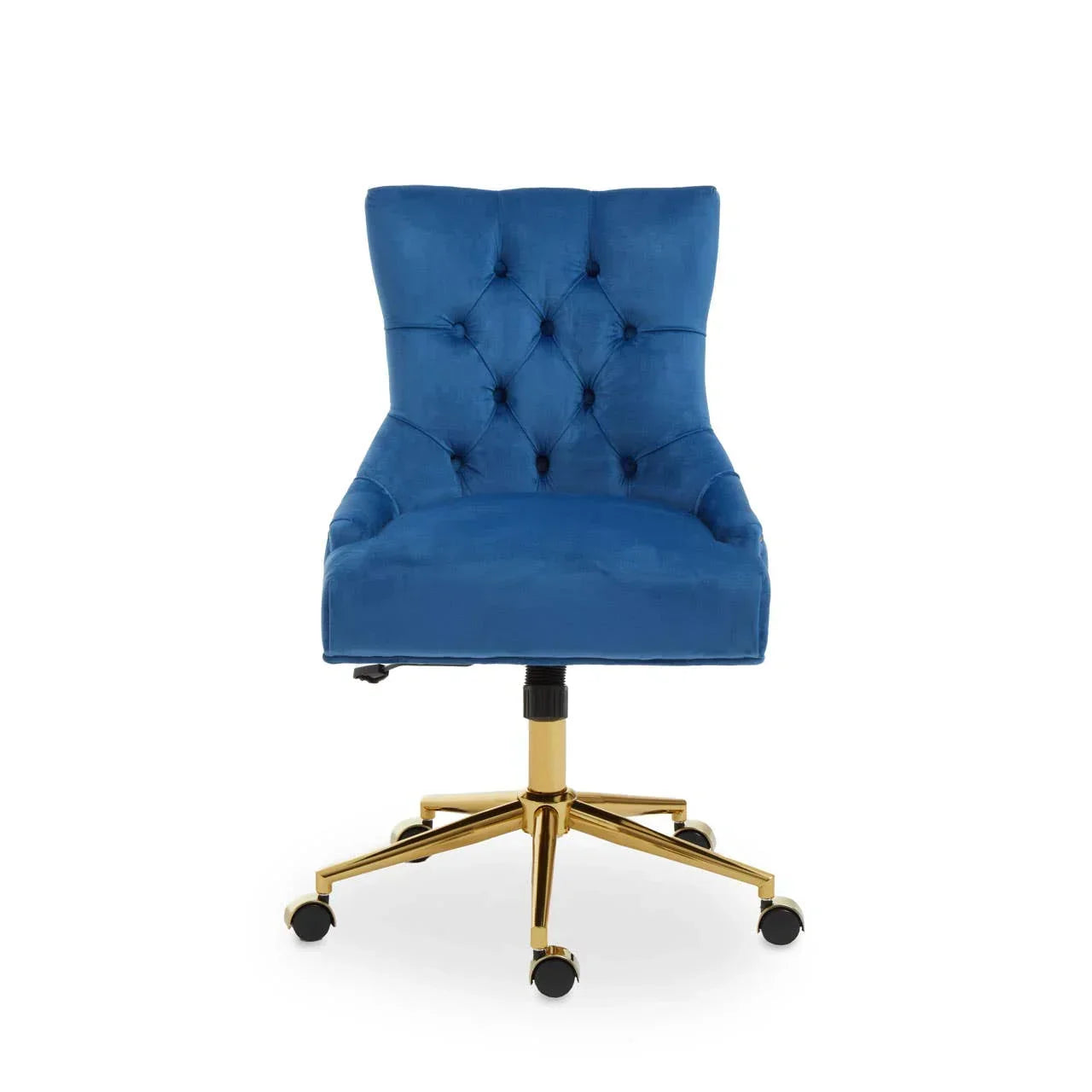 Blue velvet office chair with tufted back and gold swivel base on casters, front view