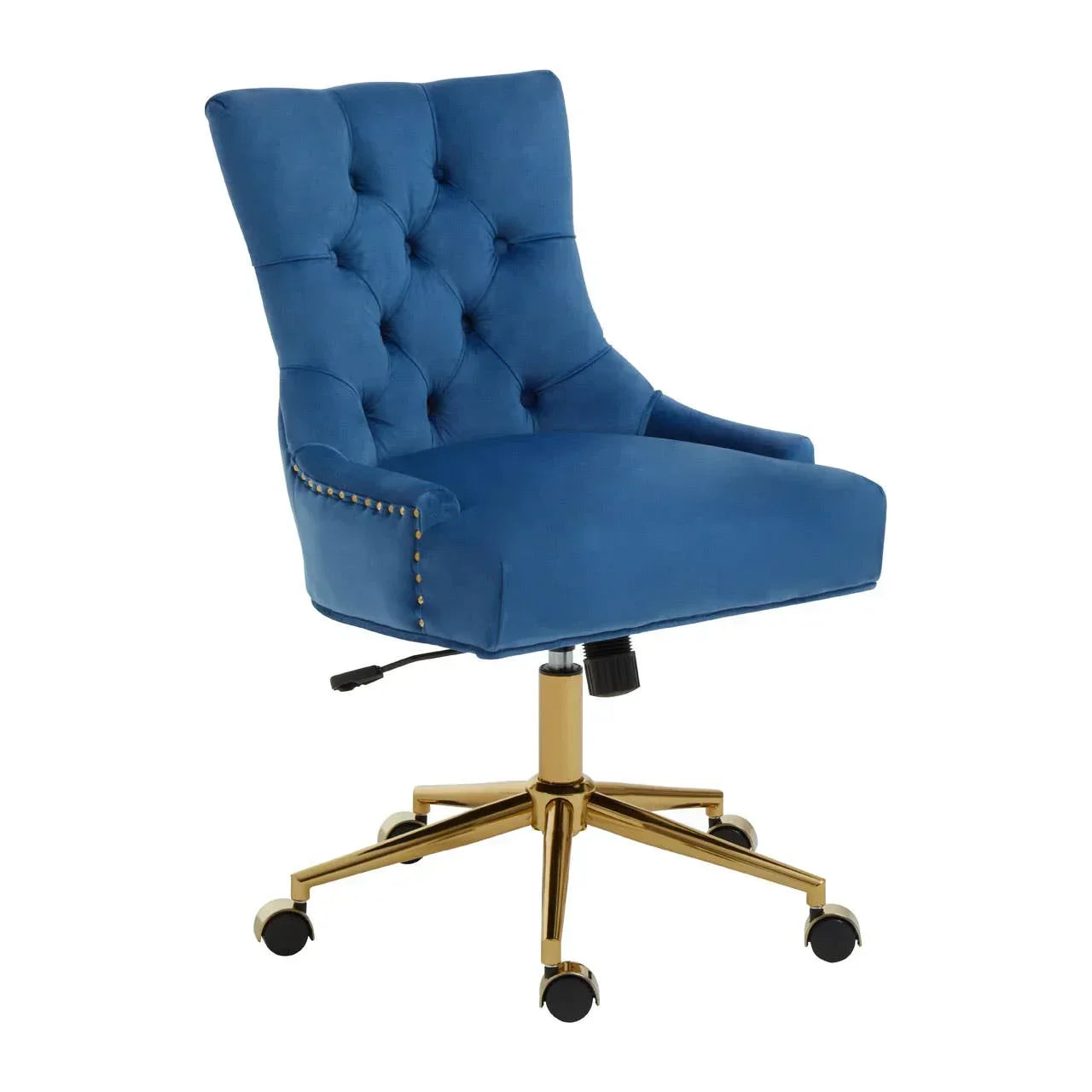 Blue velvet office chair with tufted back and gold swivel base on casters