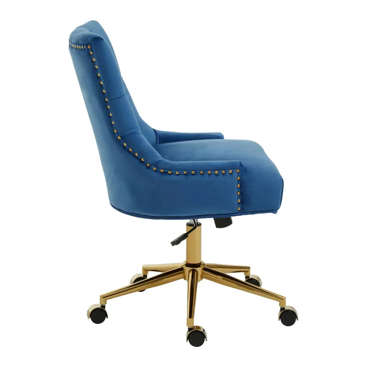 Blue velvet office chair with gold base and stud detail, side view on white background