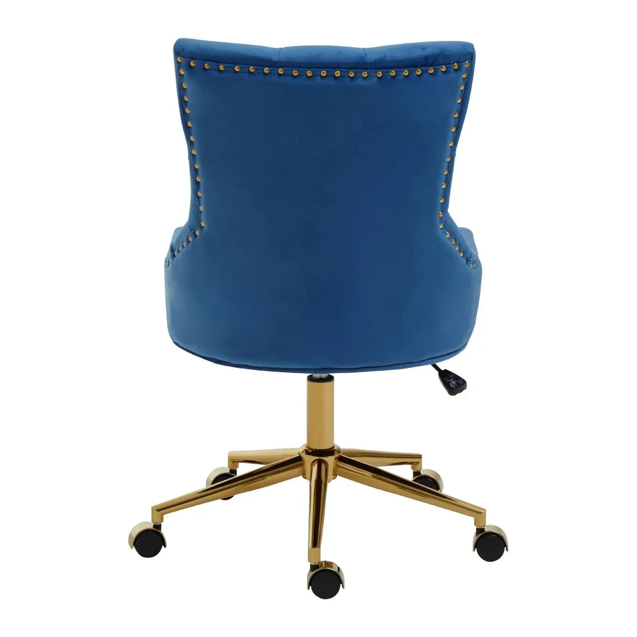 Blue velvet office chair with gold swivel base and studded trim, rear view