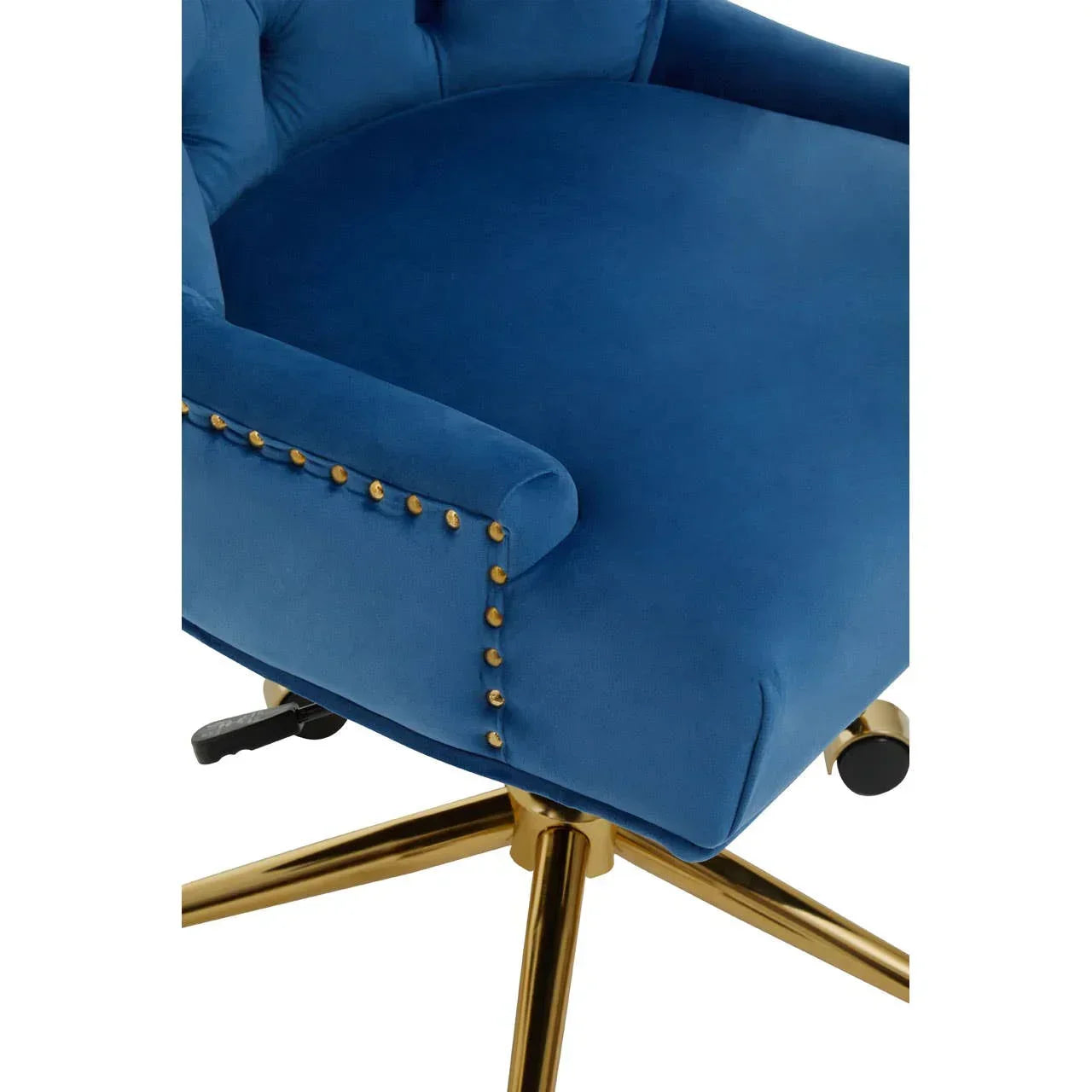 Blue velvet office chair with gold stud detailing and gold metal swivel base