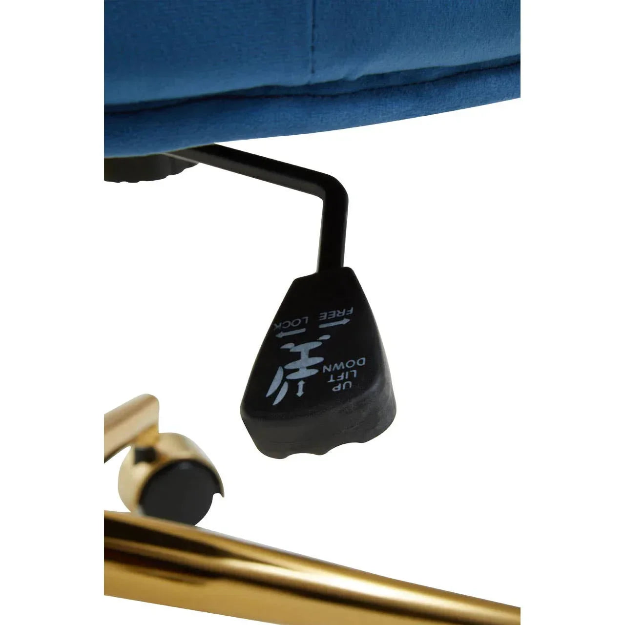 Adjustable office chair lever with black handle and gold metal base close-up