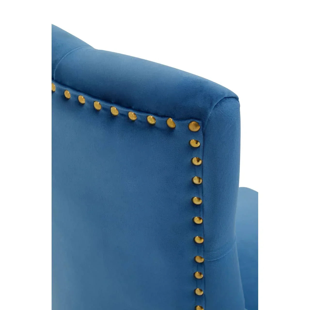 Blue velvet armchair backrest with gold stud detailing