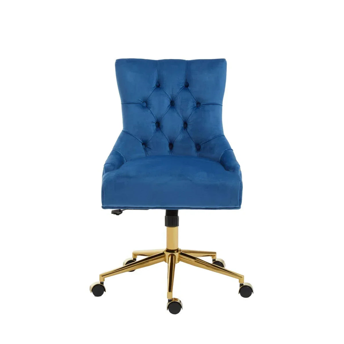 Blue velvet office chair with button tufted backrest and gold metal swivel base