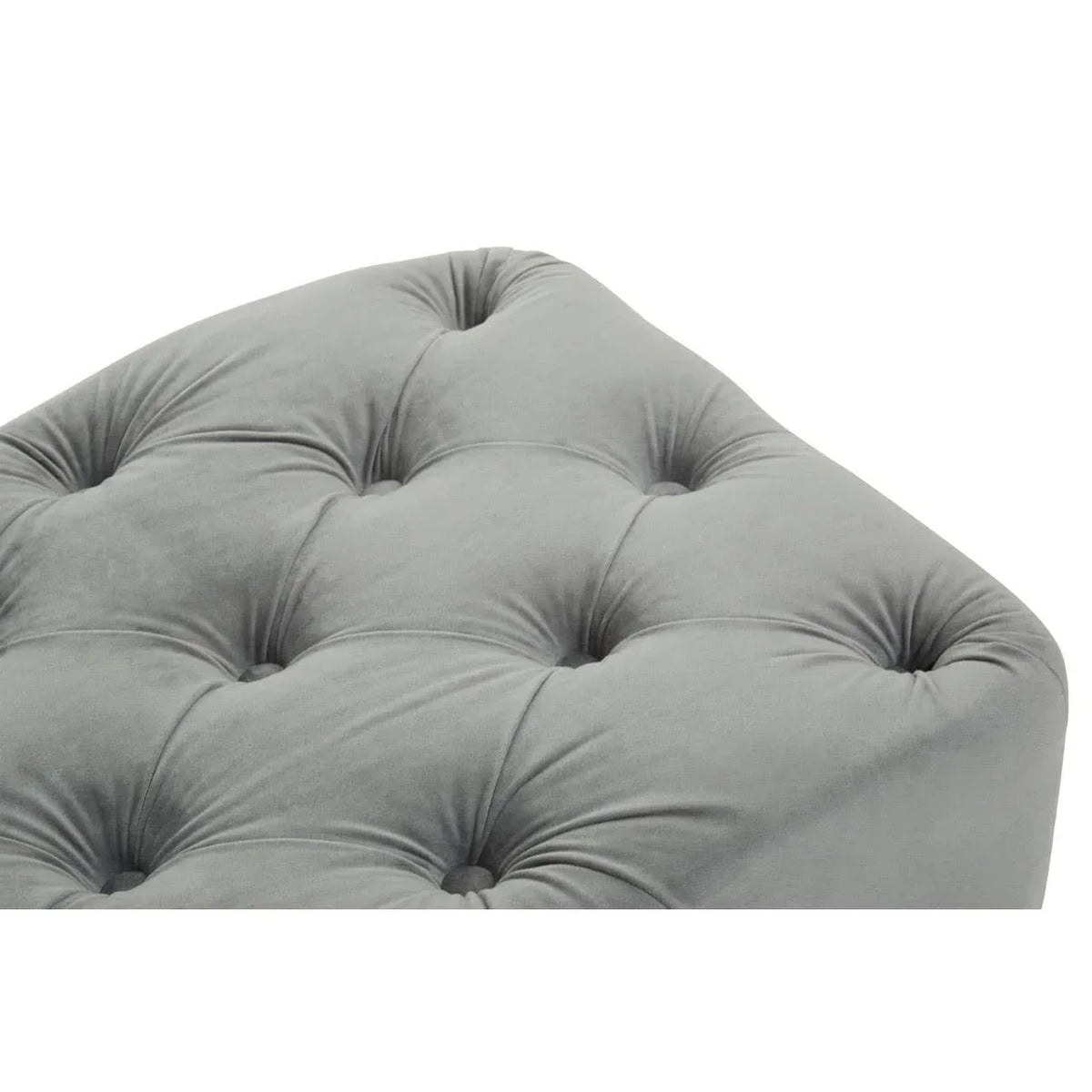 Close up of grey velvet tufted sofa corner cushion