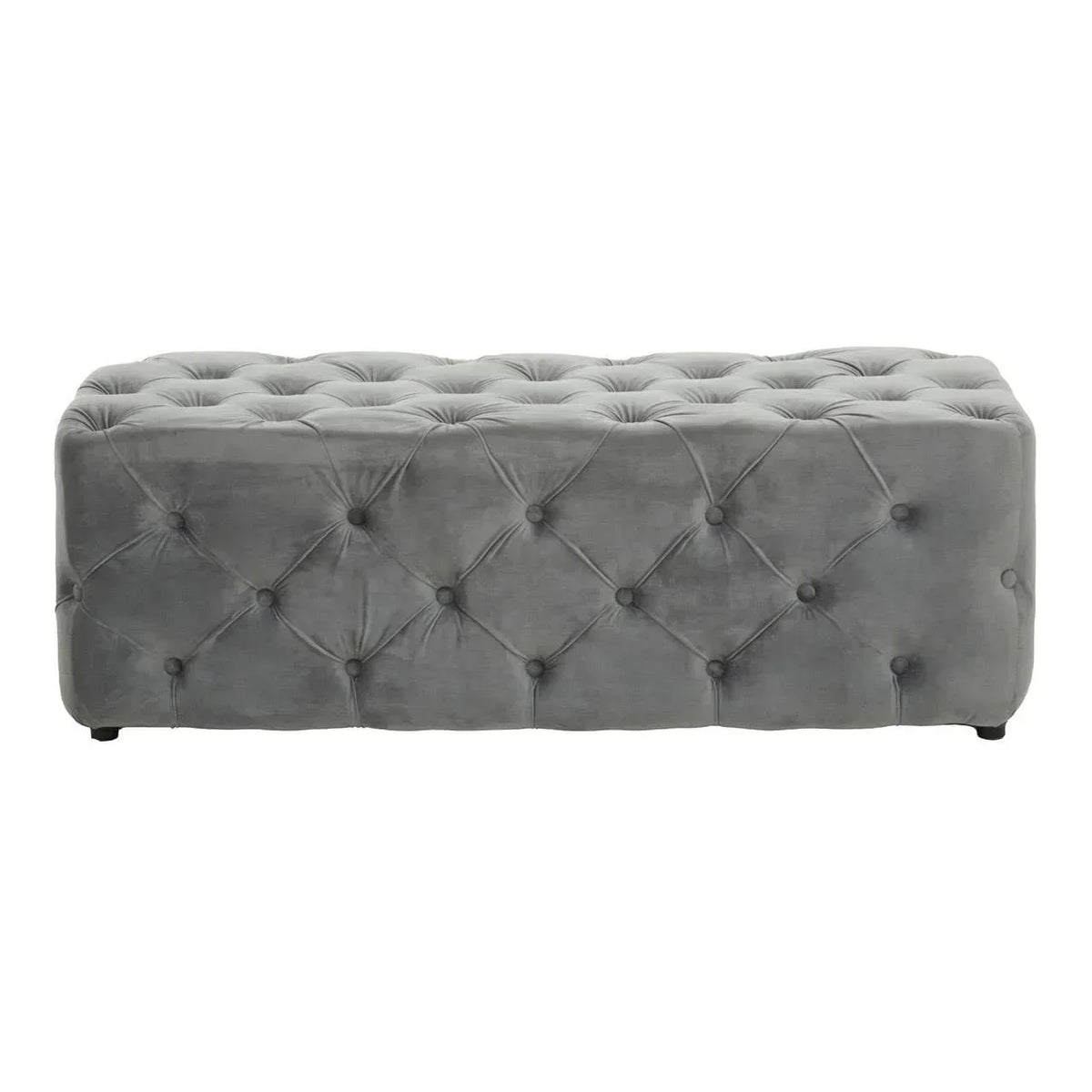 Grey velvet ottoman bench with tufted upholstery and button detailing, front angle view