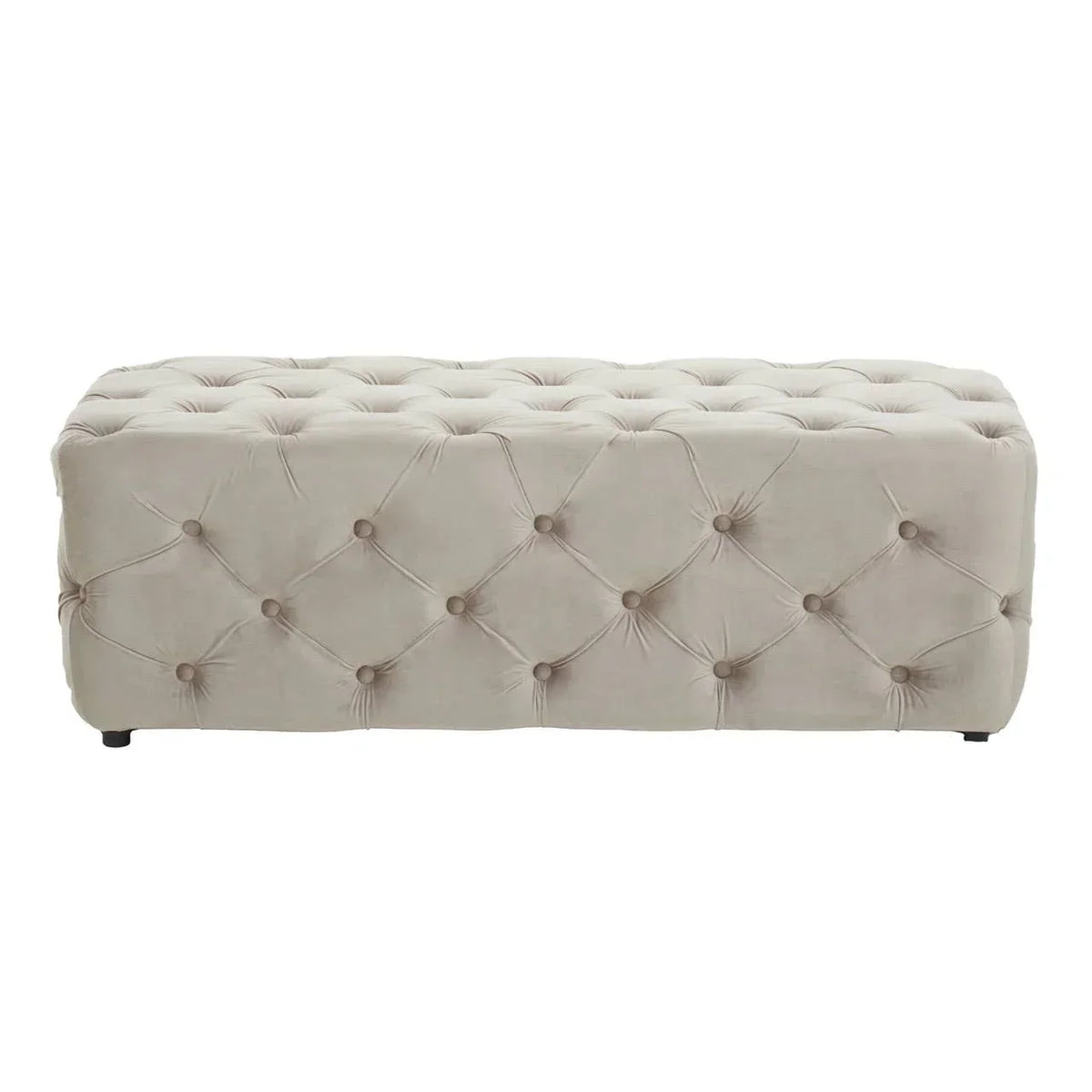 Beige upholstered ottoman bench with tufted button detailing and rectangular shape
