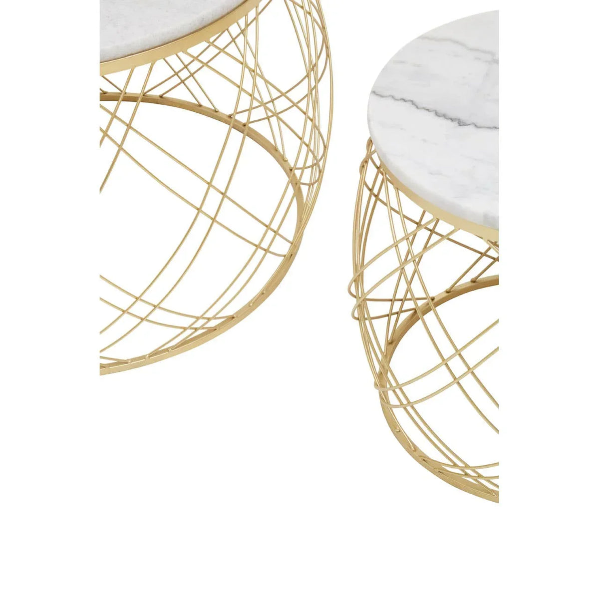 Round marble top coffee tables with gold wire metal bases, close-up view