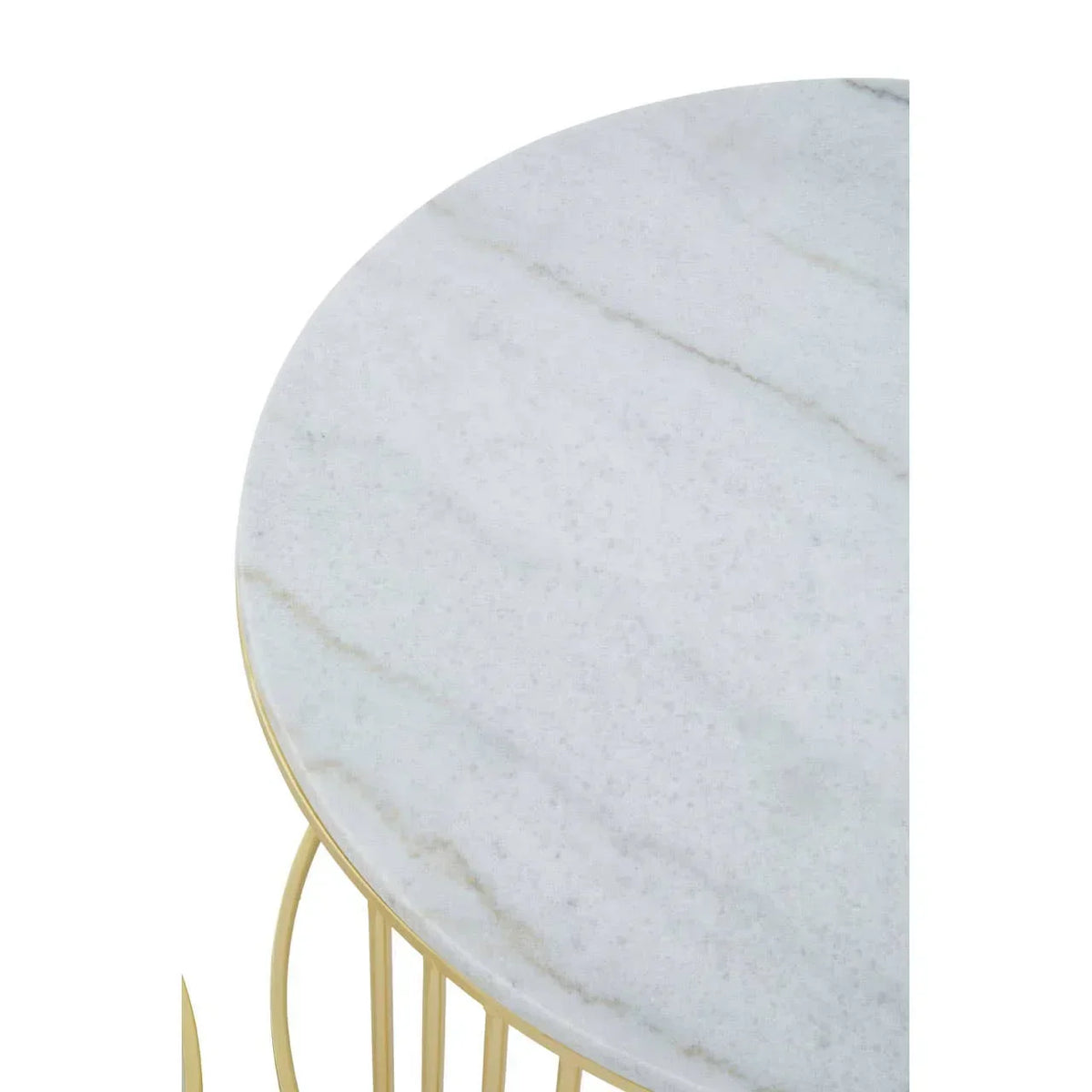 Round marble side table with gold metal base, top view showing veining detail