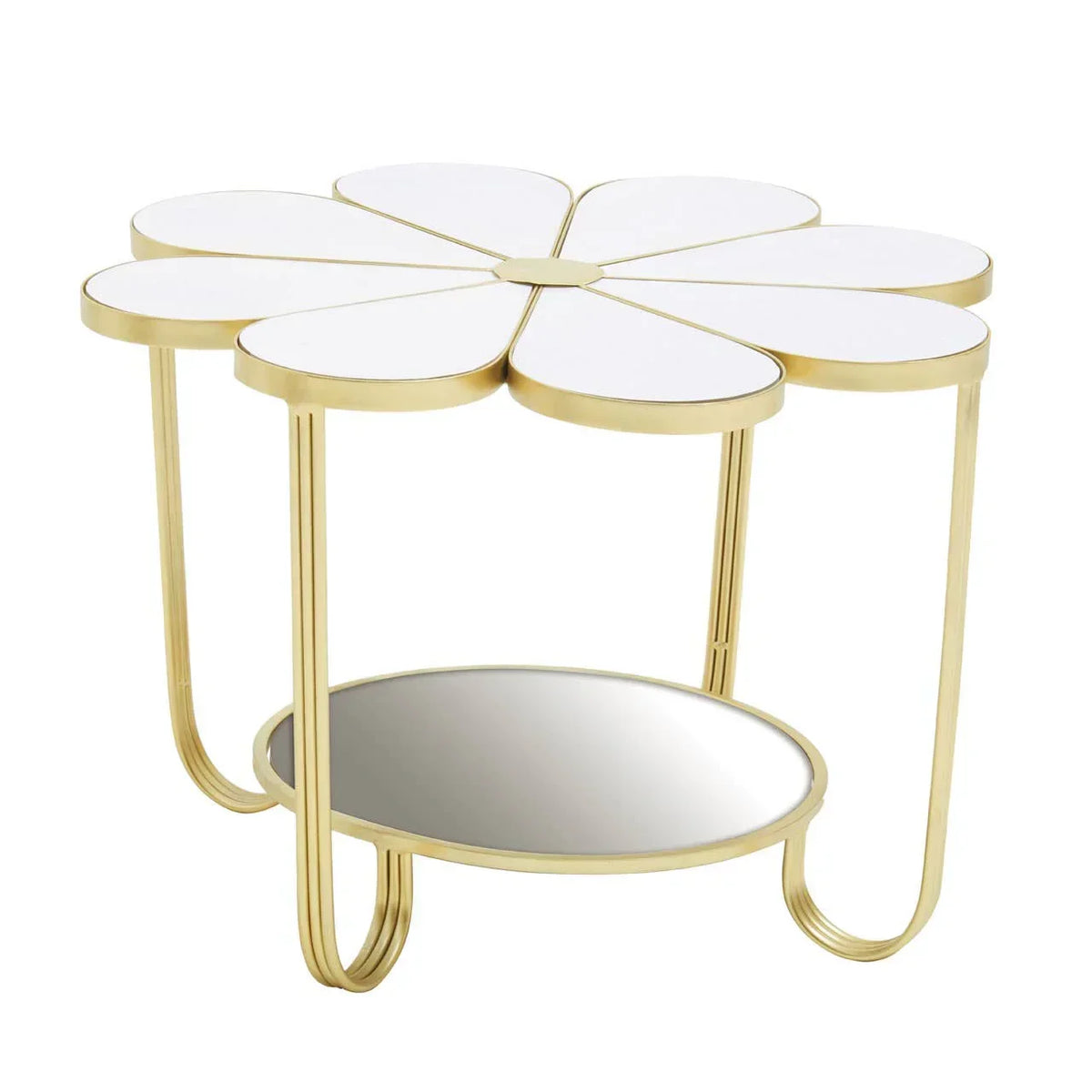 Gold metal side table with white petal-shaped top and mirrored lower shelf