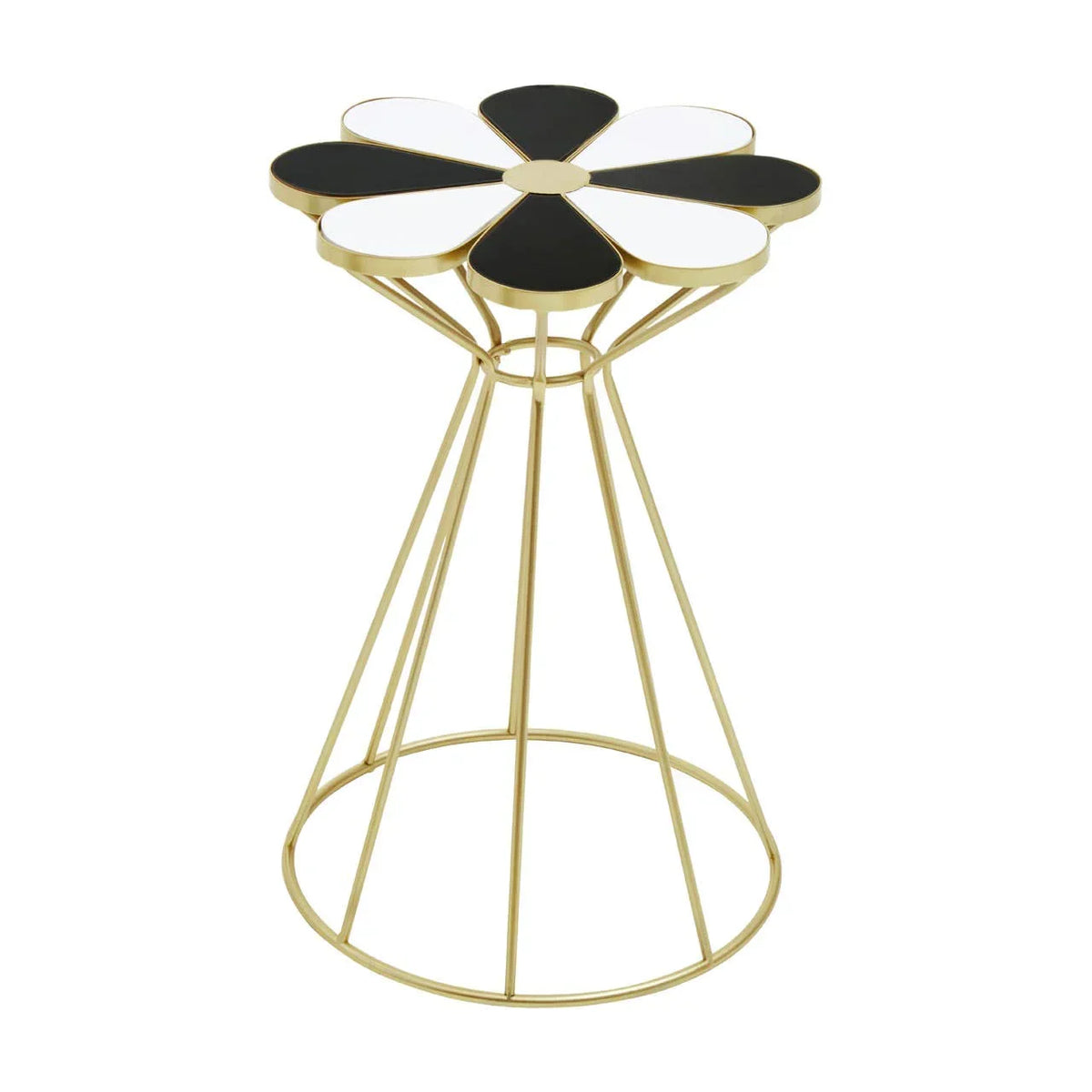 Gold metal side table with black and white flower-shaped top, modern wireframe base