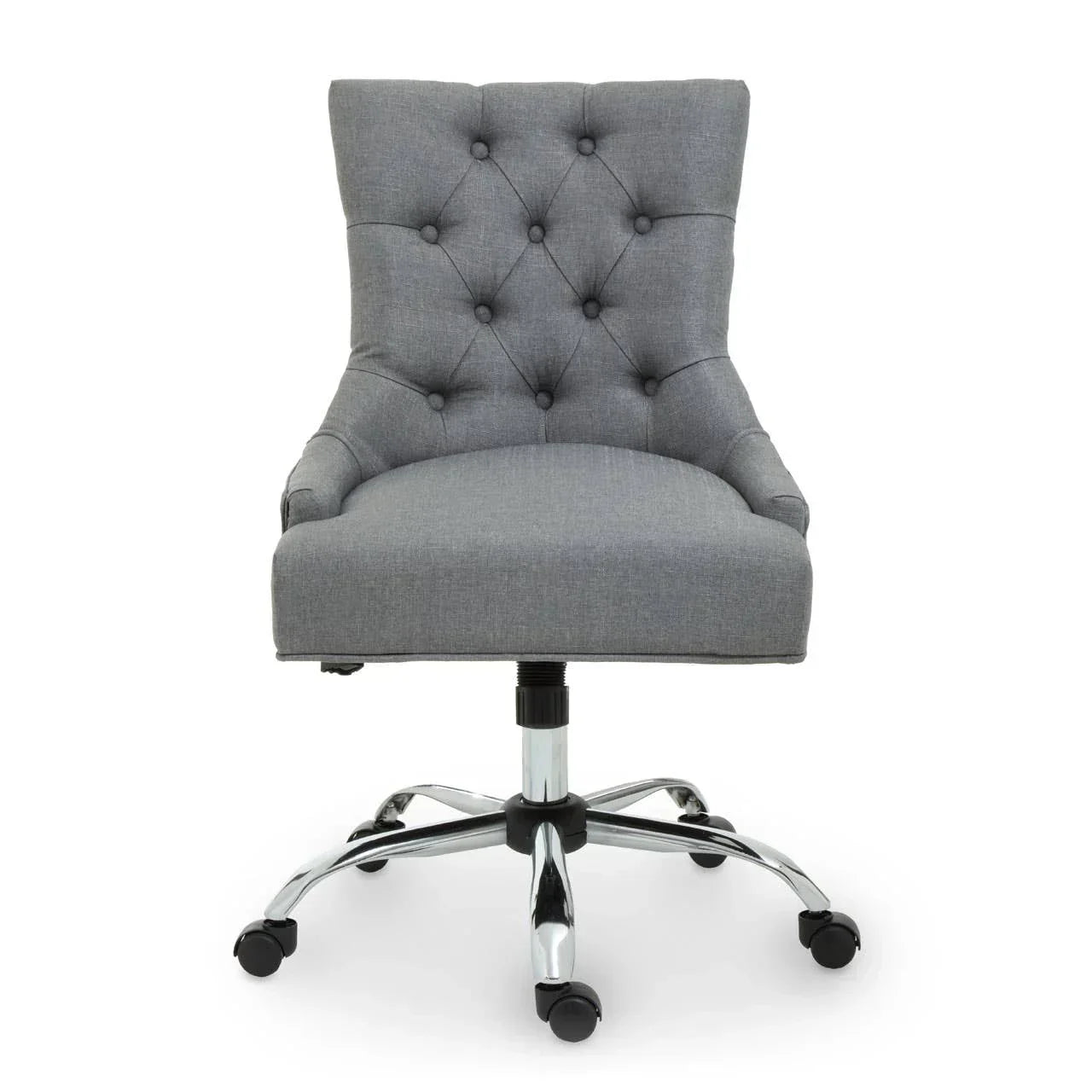 Grey upholstered office chair with button-tufted backrest and chrome swivel base