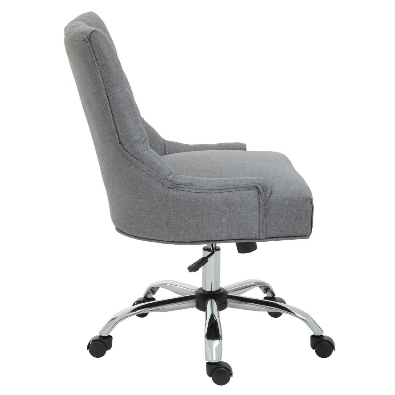 Grey fabric office chair side view with padded seat and chrome swivel base on castors