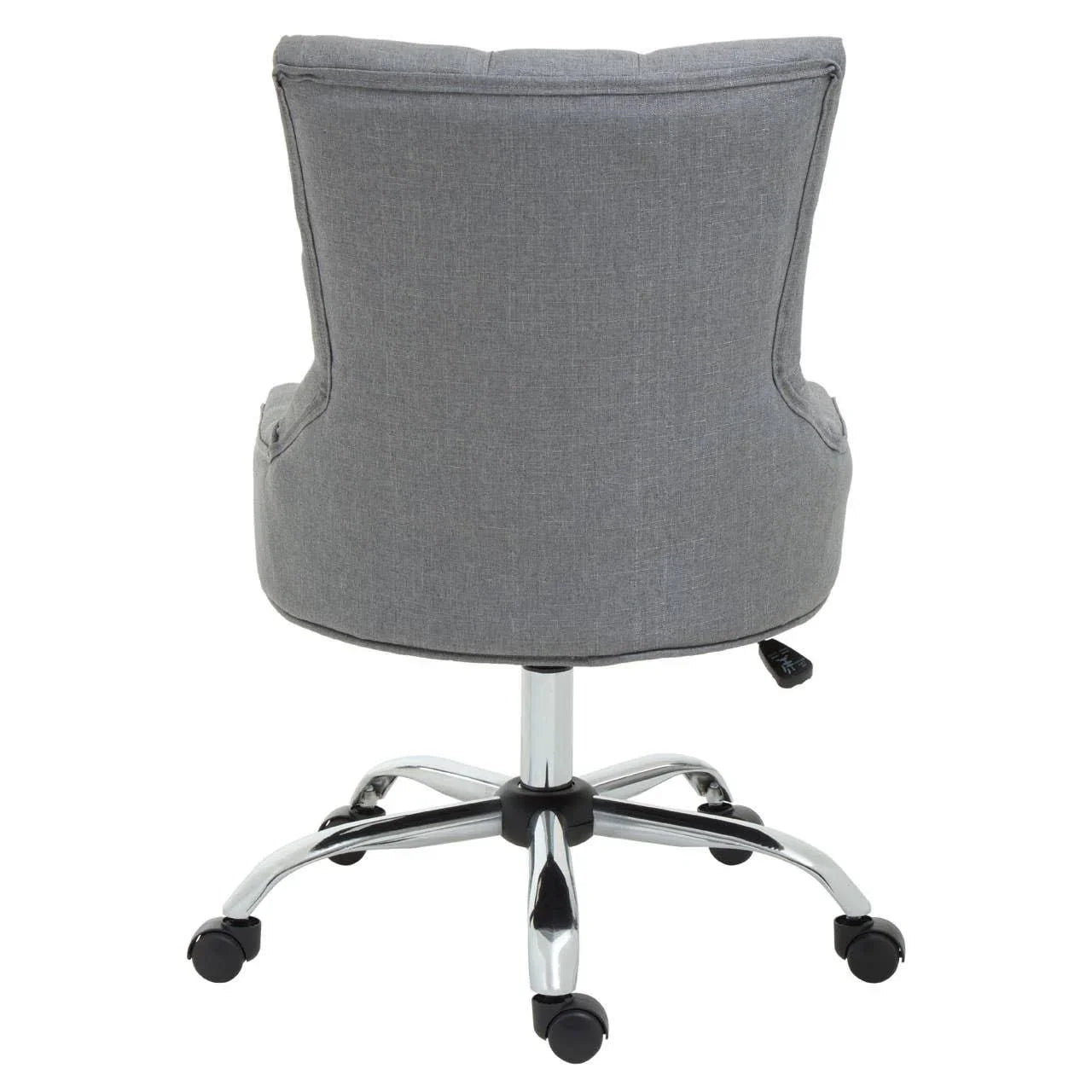 Back view of grey fabric office chair with chrome swivel base and castor wheels
