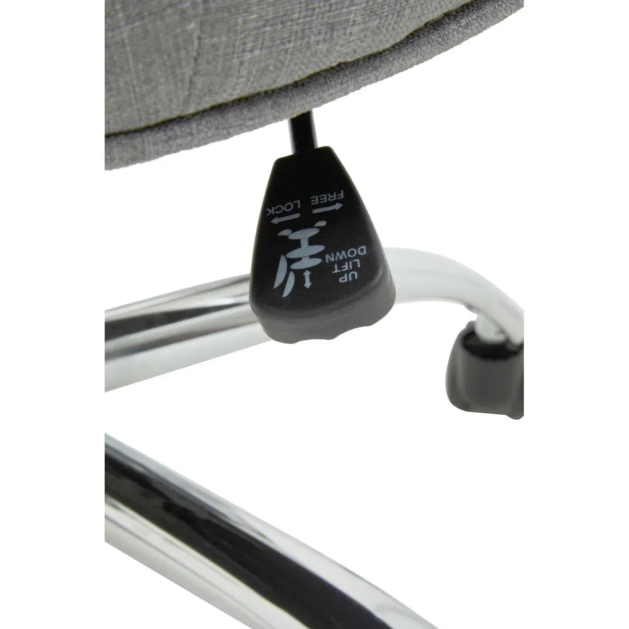 Desk chair gas lift lever with height adjustment and lock settings, chrome base detail